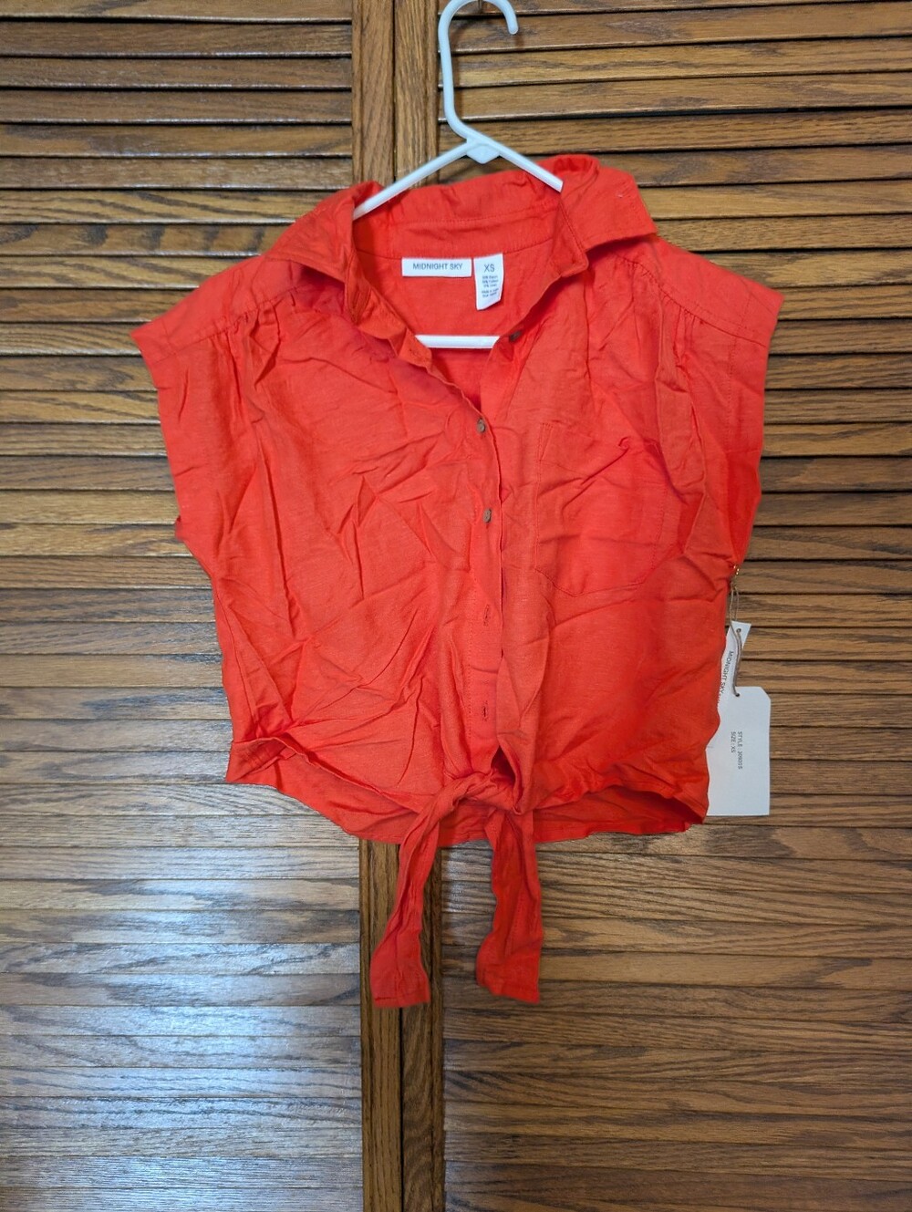 Midnight Sky NWT Red-orange Linen Blend Button Down Tie Bottom Blouse Size XS